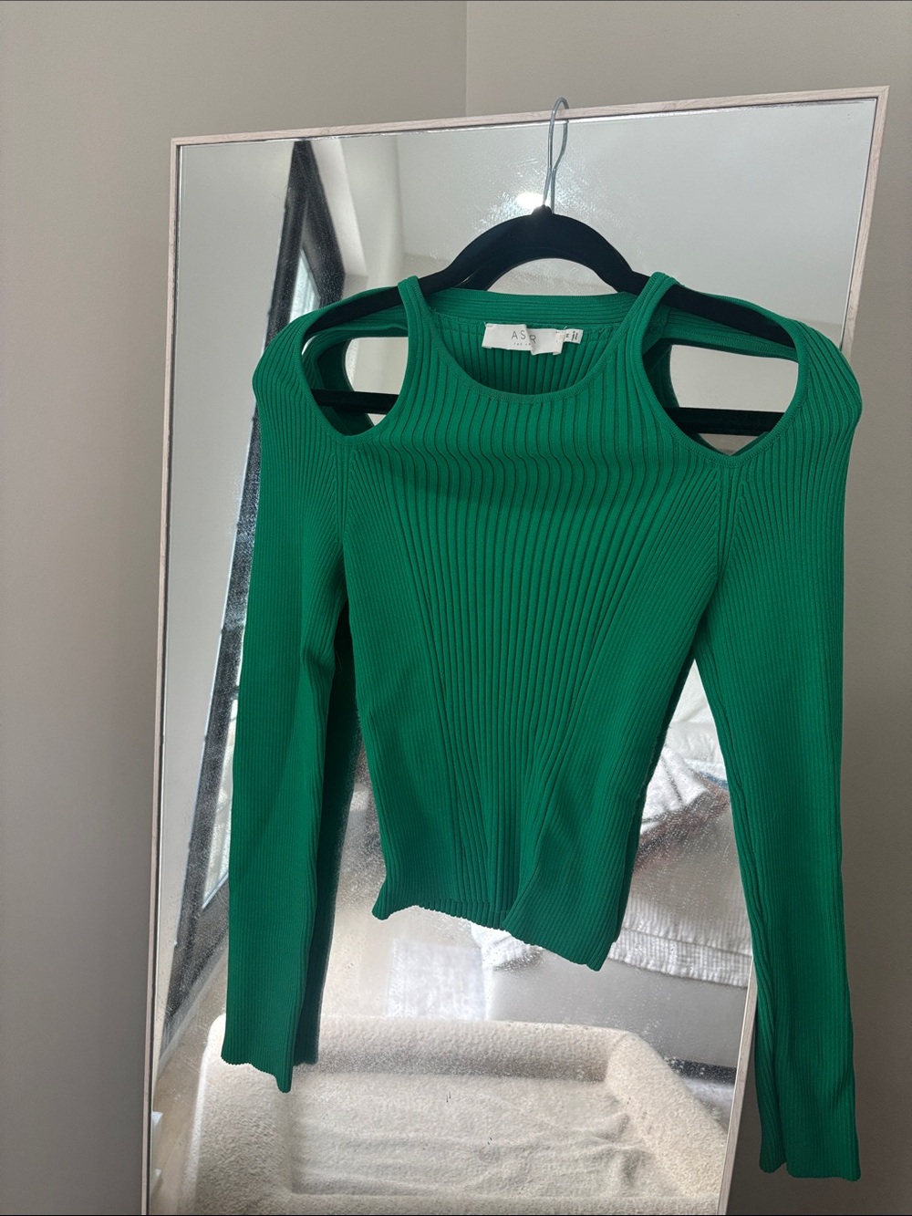 Astr Green Ribbed Cold-Shoulder Long Sleeve Top